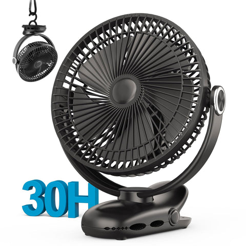 Nuerst clip-on fan with 360-degree rotation for versatile desk to tent use.