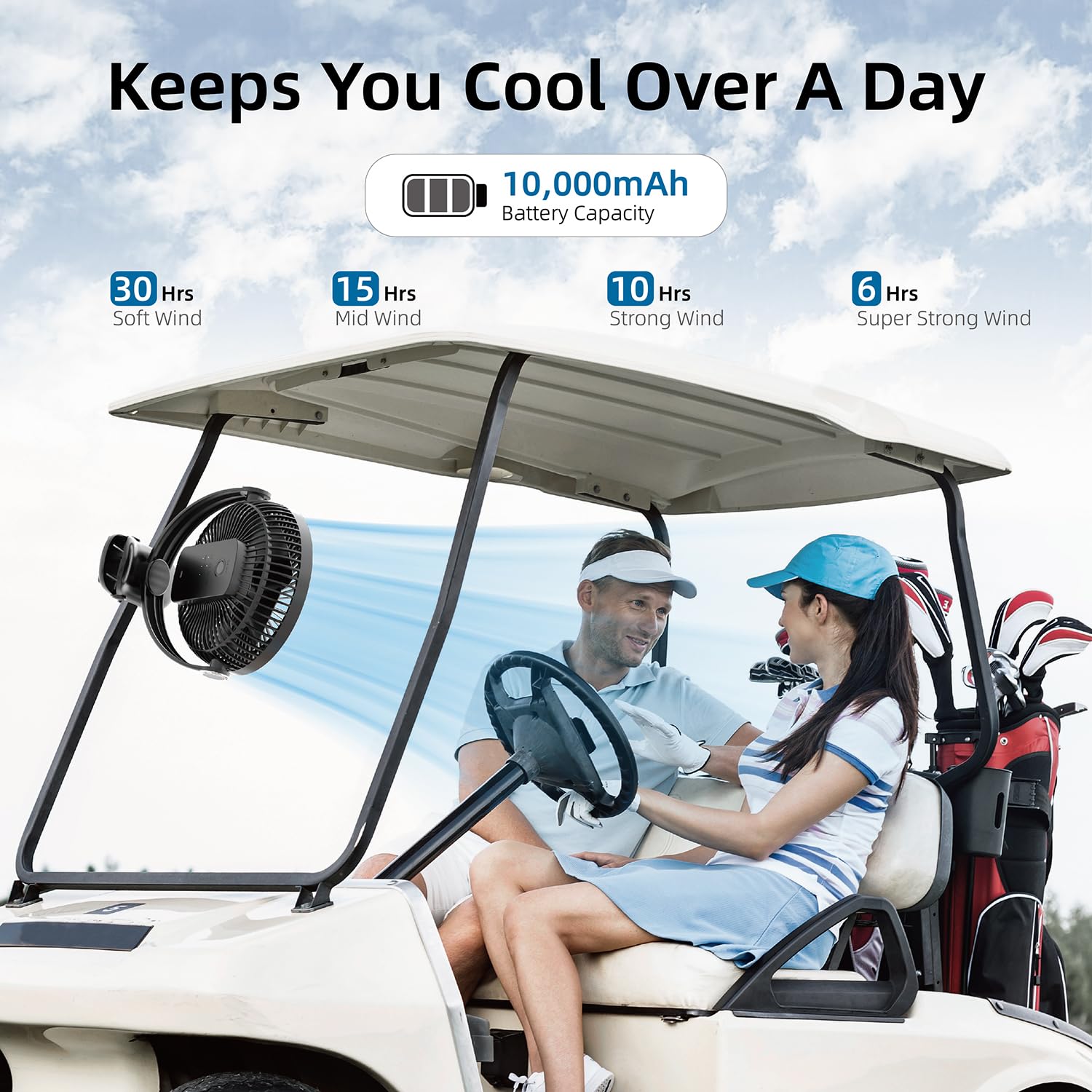 Nuerst portable clip fan offers up to 30 hours of continuous cooling.
