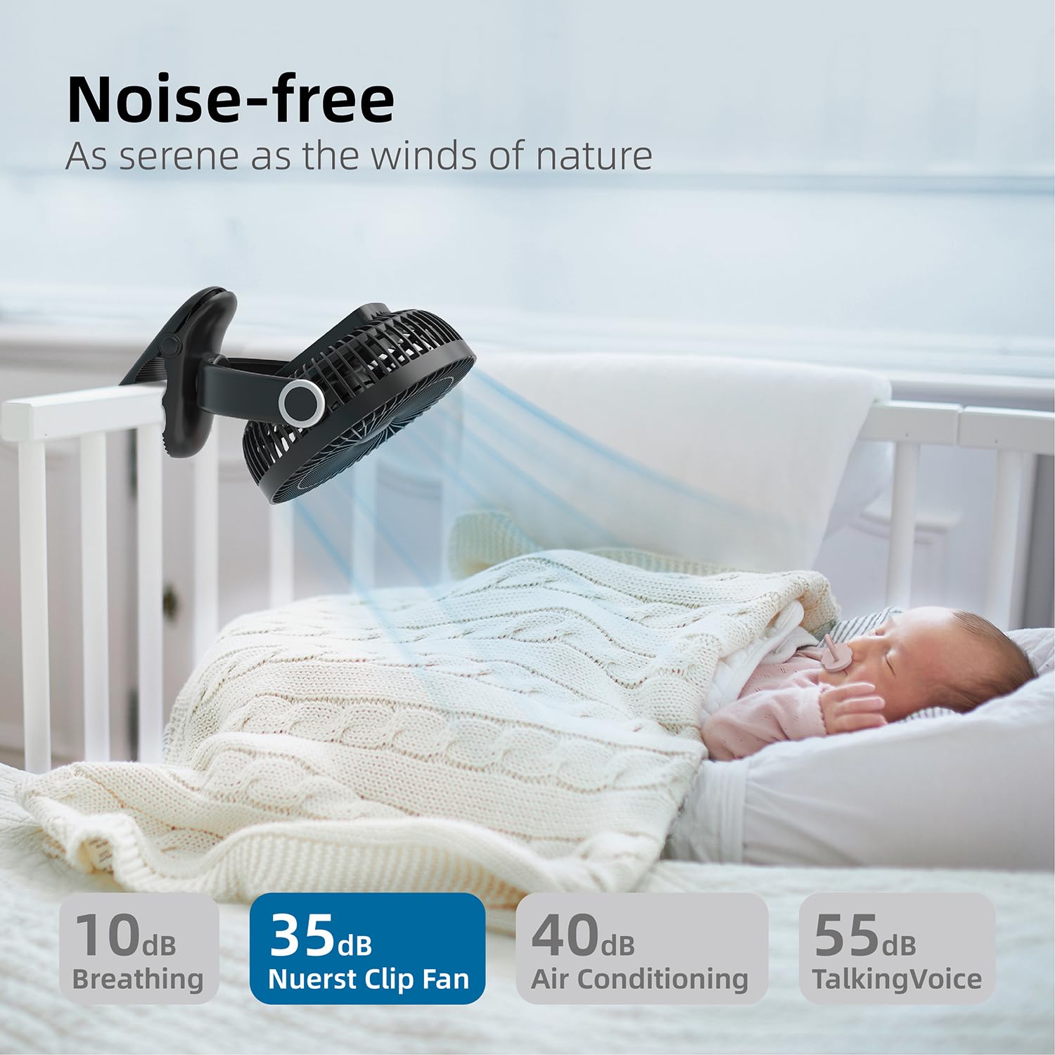 Nuerst table-top and camping fan with sturdy clamp and anti-slip mat.