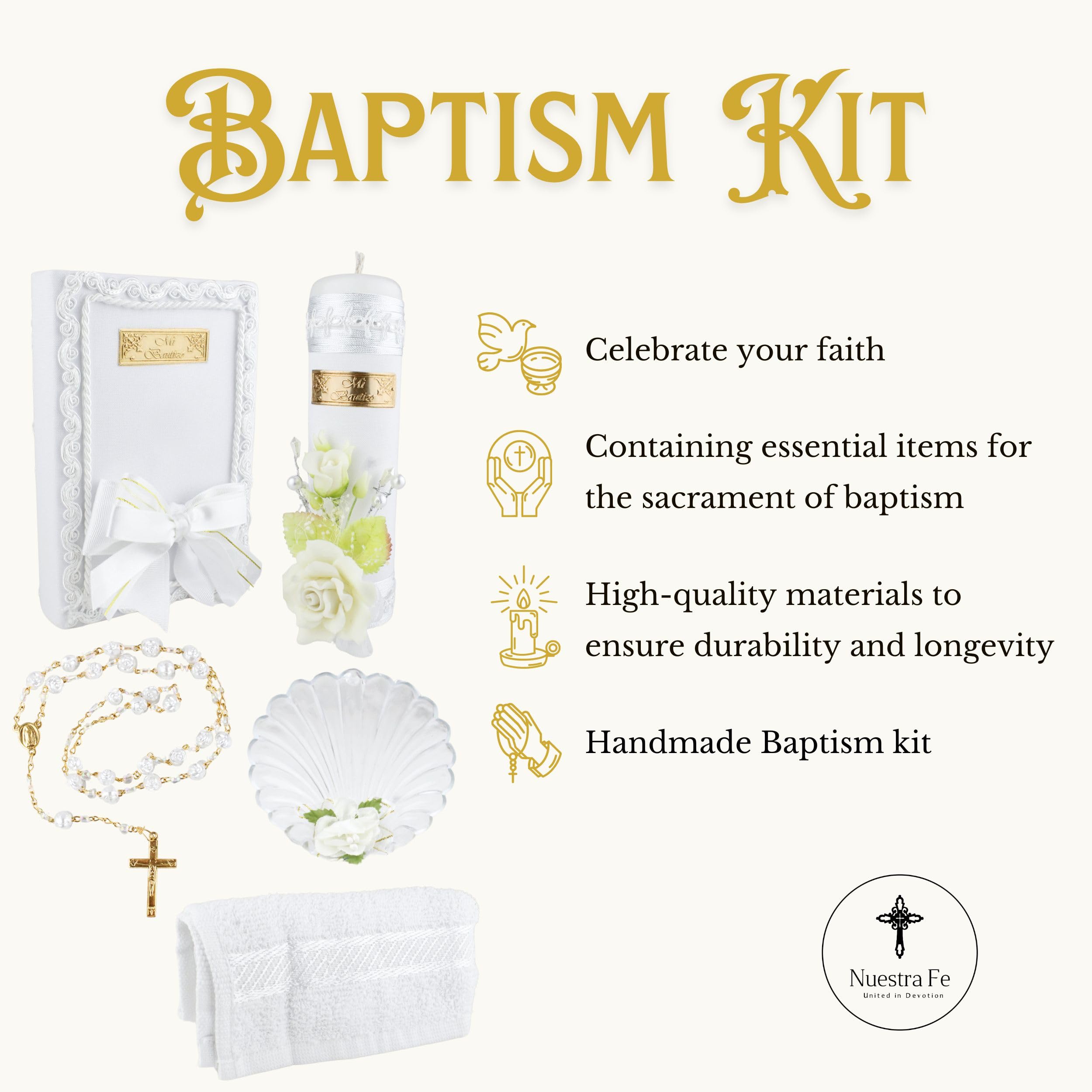 Nuestra Fe baptism bible open view offers a meaningful scriptural focus.