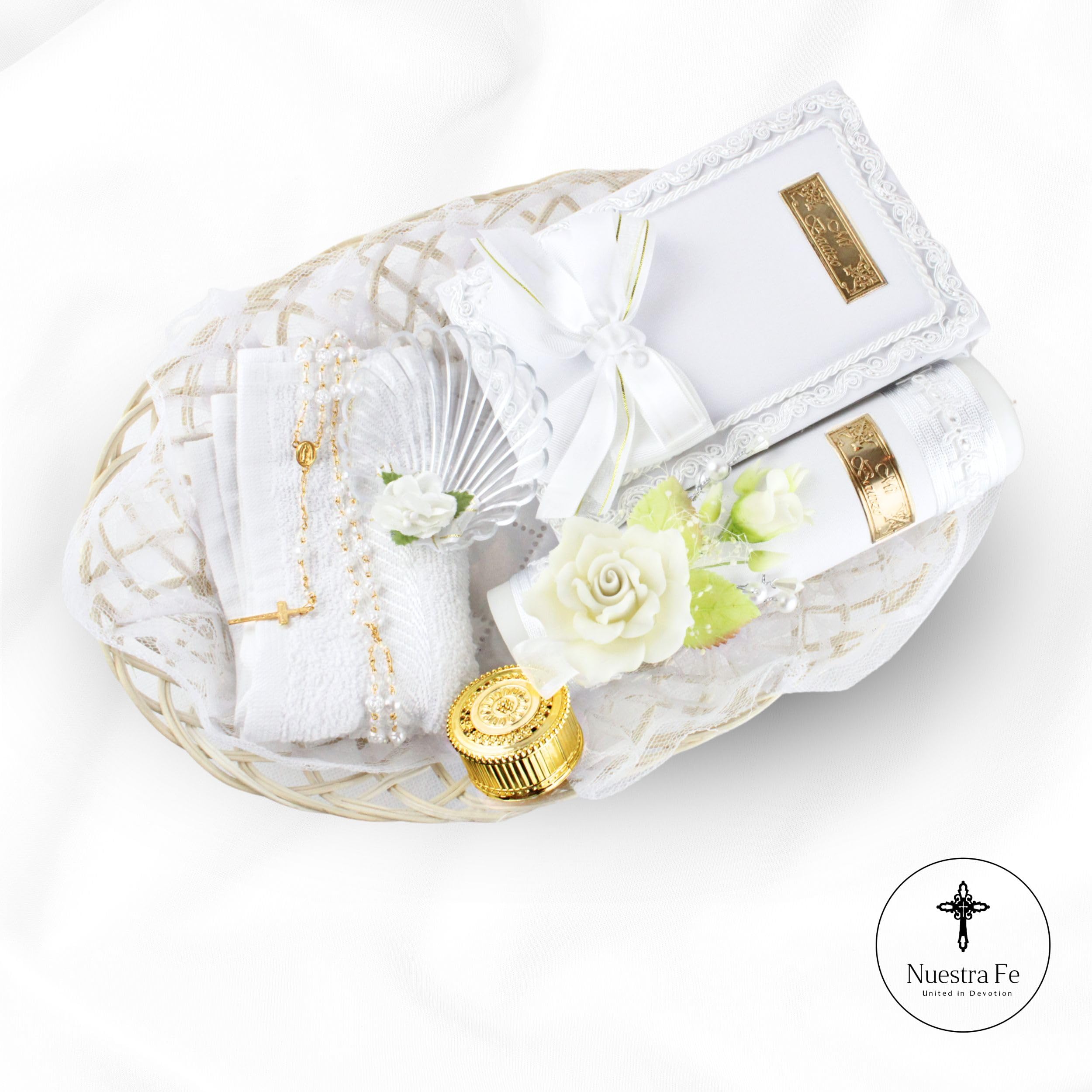 Nuestra Fe baptism shell closeup highlights craftsmanship and ceremonial symbolism.