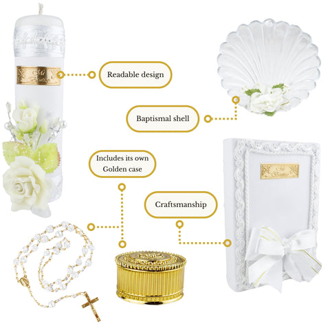 Nuestra Fe catholic baptism candle closeup shows durable emblems and keepsake quality.