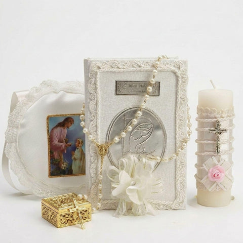 Nuestra Fe first-communion bible-and-candle-set showcases a timeless keepsake for girls