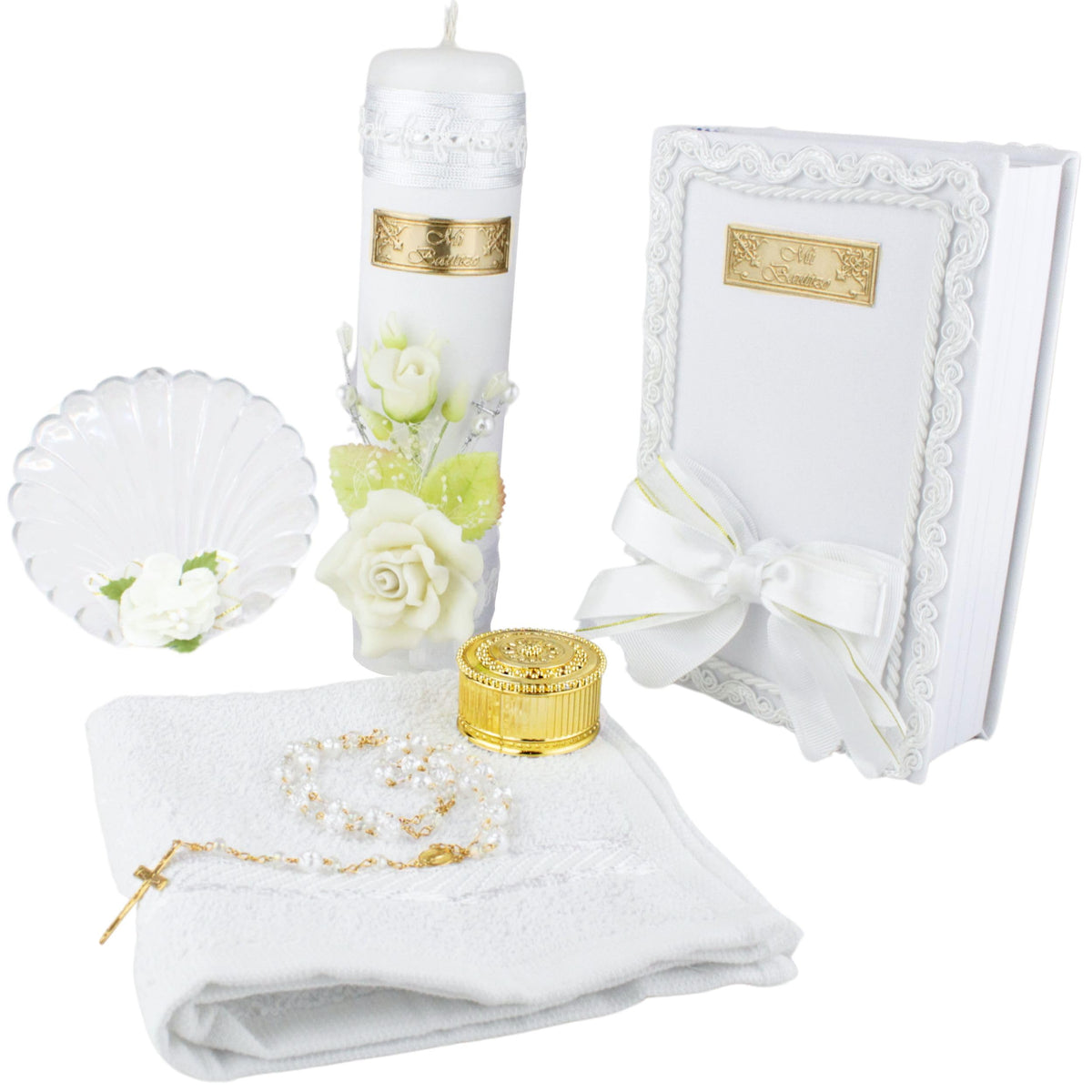 Nuestra Fe white baptism candle set cover image showing a neutral unisex design.