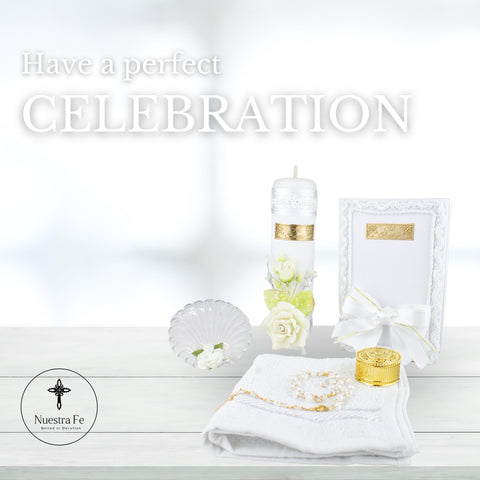Nuestra Fe white candles with ornate embossing for elegant baptismal rites.