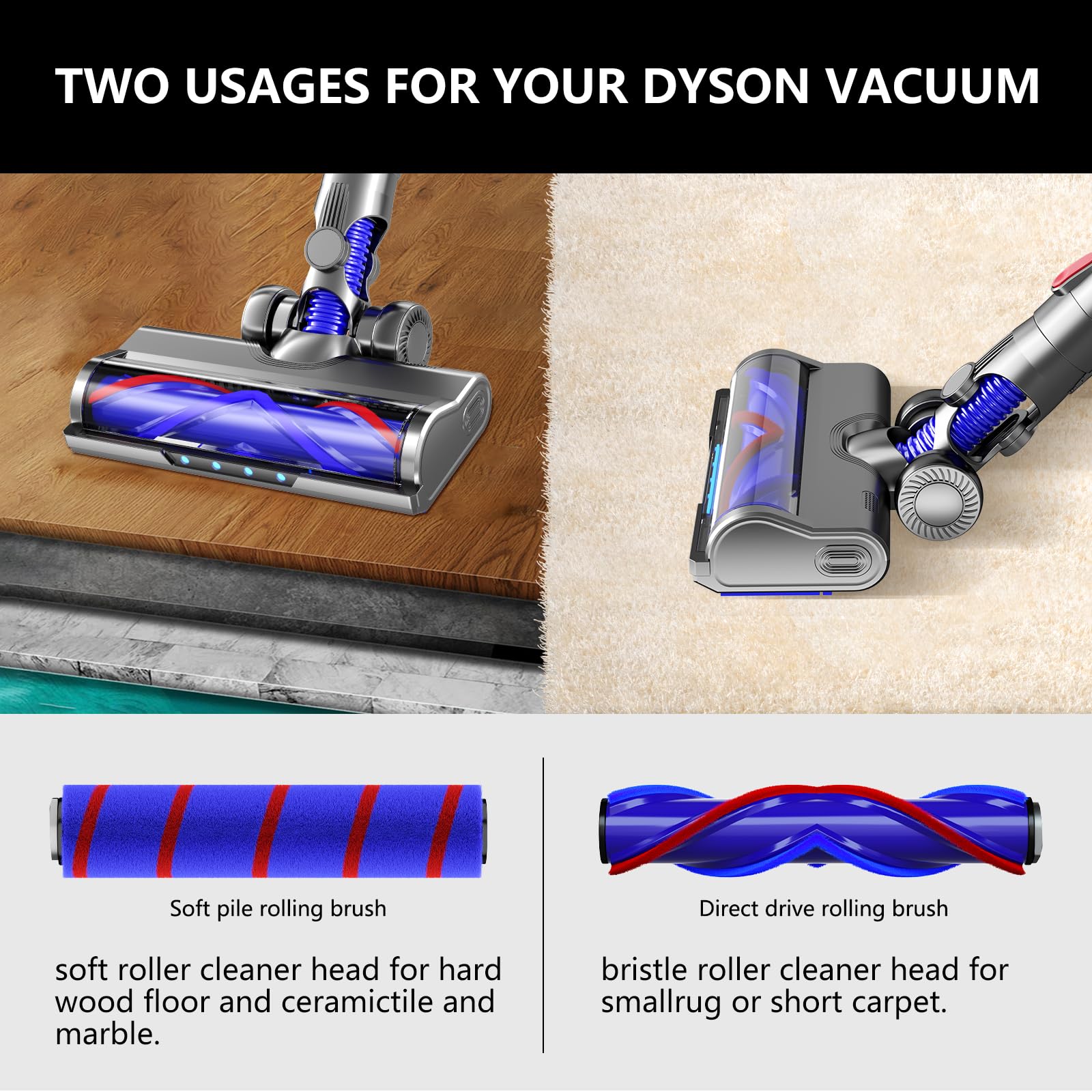 Nukisa Dyson V6 roller brush direct-drive clears hair tangles during cleaning.