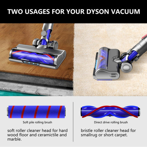 Nukisa Dyson V6 roller brush direct-drive clears hair tangles during cleaning.