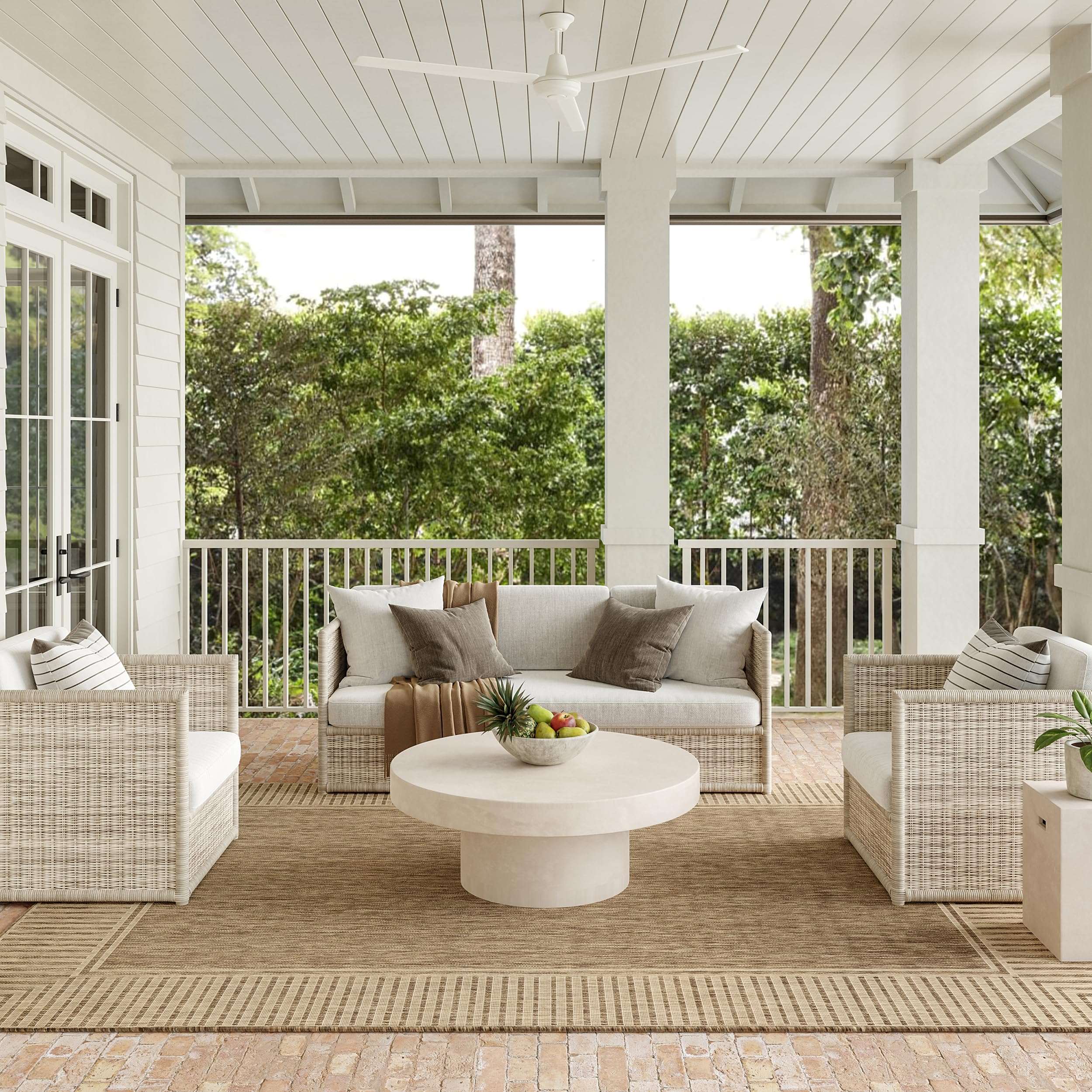 nuLOOM Asha rug with light-brown ivory border for indoor/outdoor use.