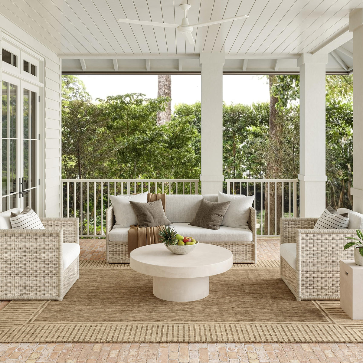 nuLOOM Asha rug with light-brown ivory border for indoor/outdoor use.