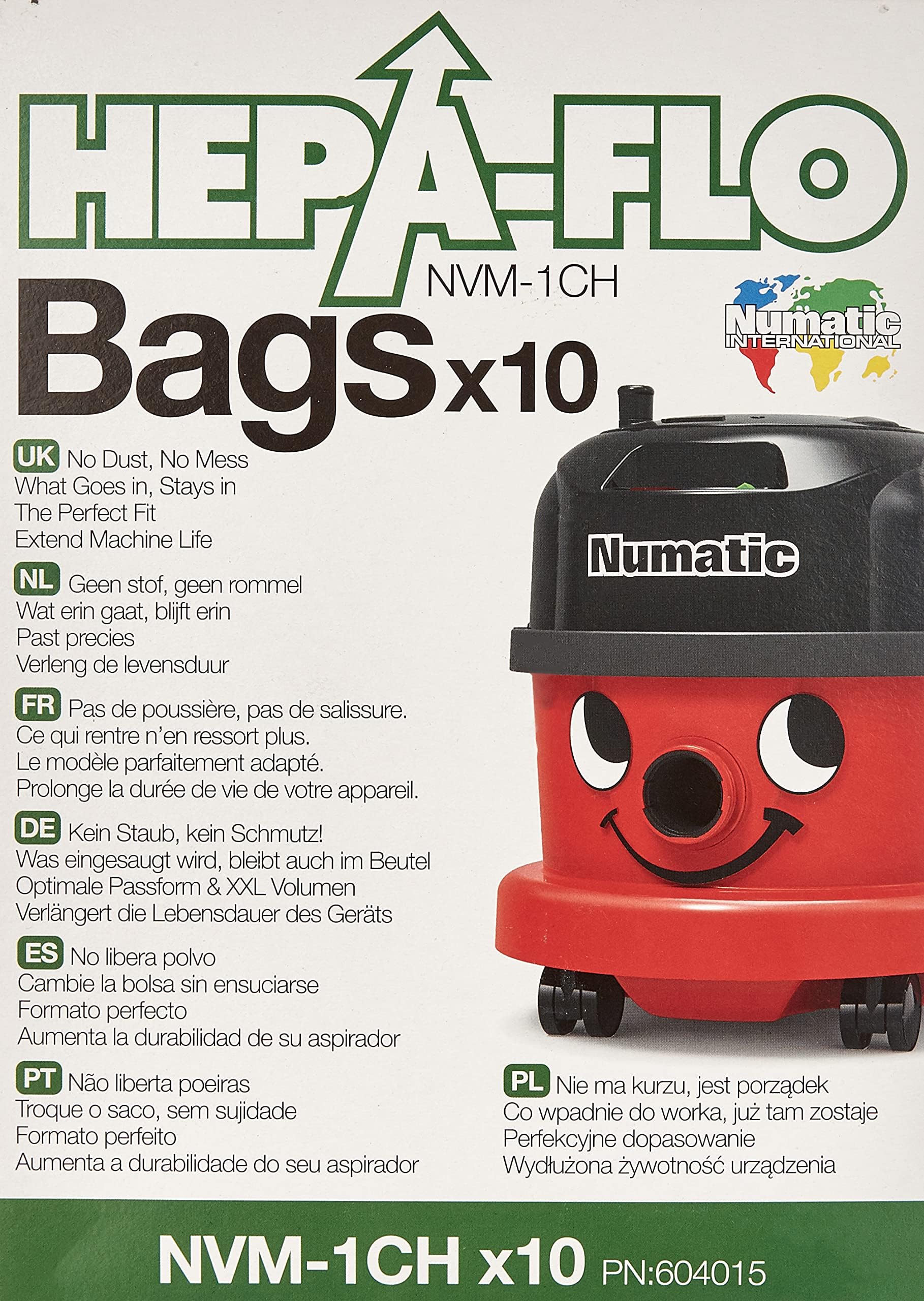 Numatic NVM-1CH HepaFlo bags pack ready for Henry, efficient dust containment.