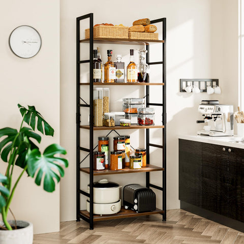 NUMENN 5-Tier Bookshelf metal frame detail emphasizes rust-resistant coating and durable construction.