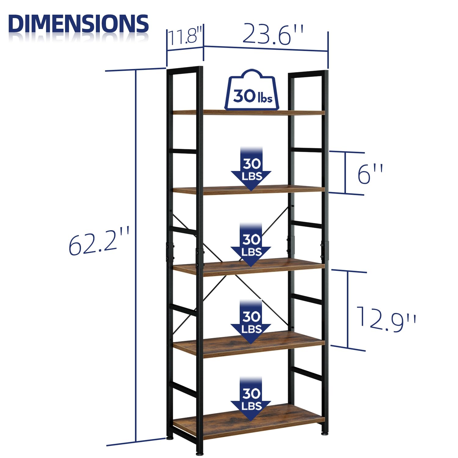 NUMENN 5-Tier Bookshelf side view highlights sturdy metal frame for everyday use.
