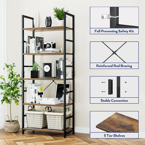 NUMENN 5-Tier Bookshelf wood-panel texture close-up highlights warm vintage aesthetic.