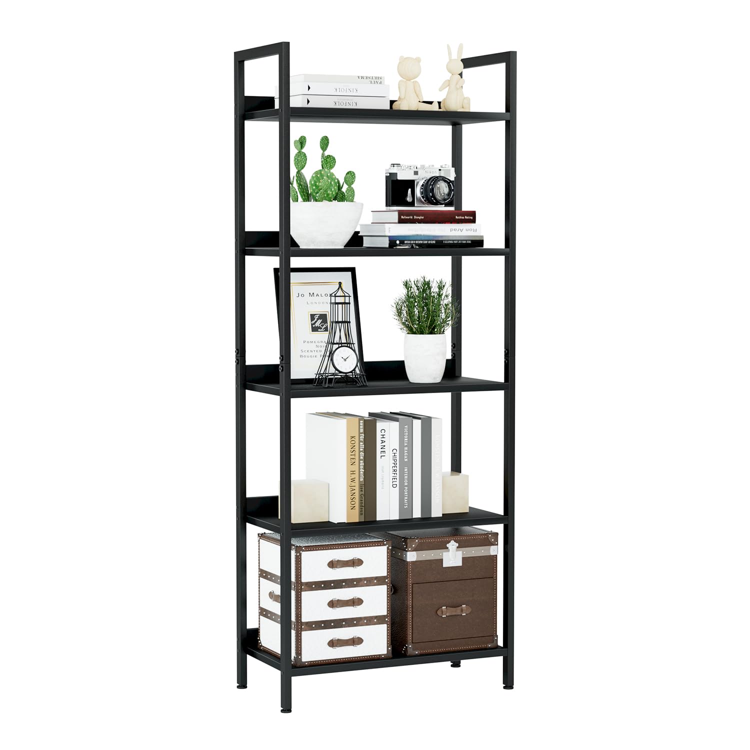 NUMENN Bookshelf 5-tier front view shows sturdy black frame for organized storage
