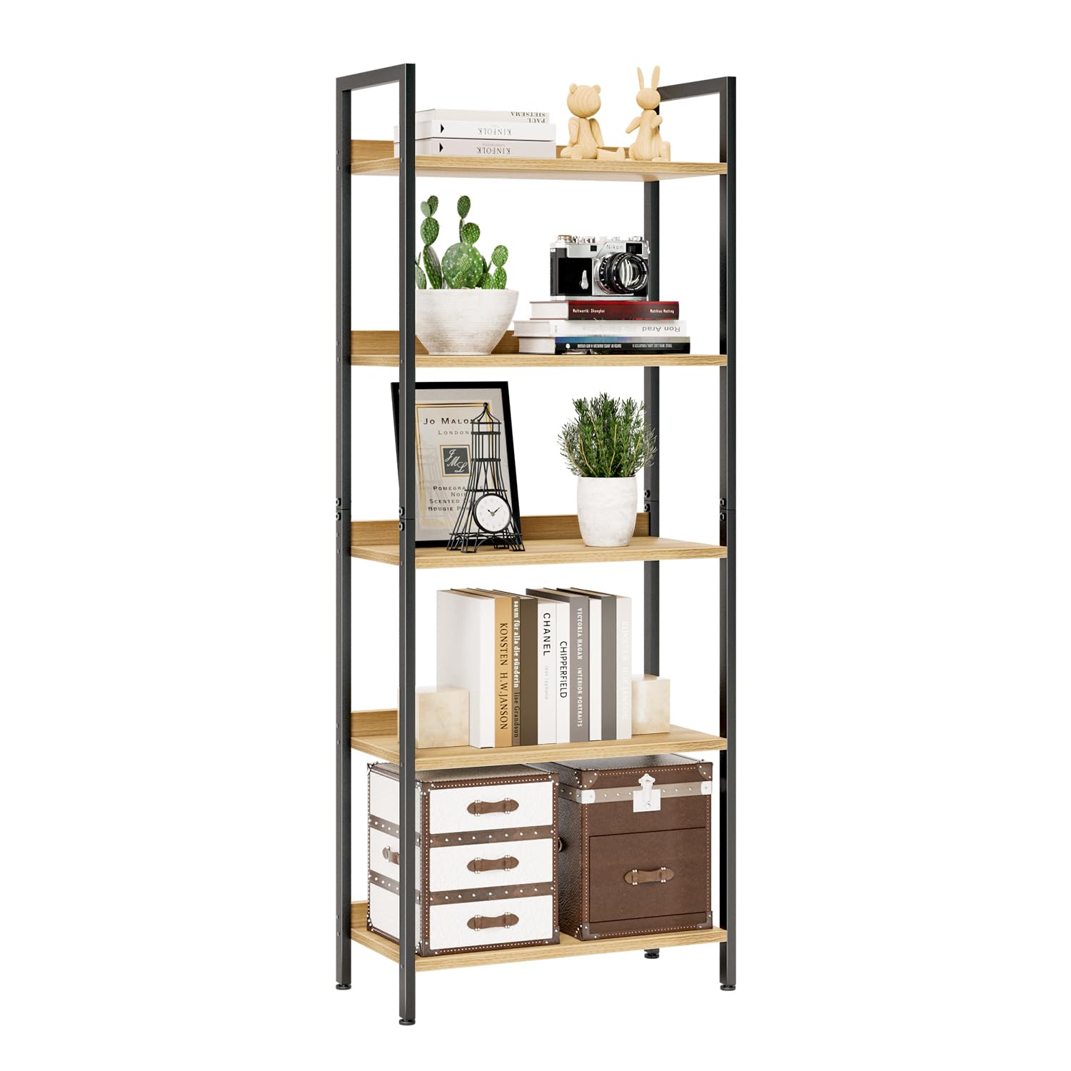 NUMENN 5-tier bookshelf with open shelves in natural finish for organized living room storage.