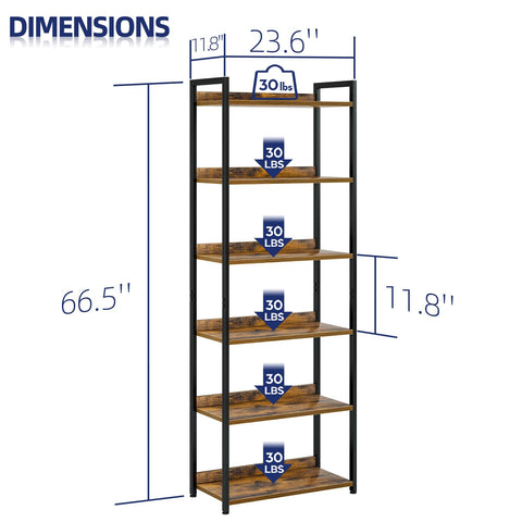 NUMENN Bookshelf 6-Tier side view highlights slim footprint for small rooms.