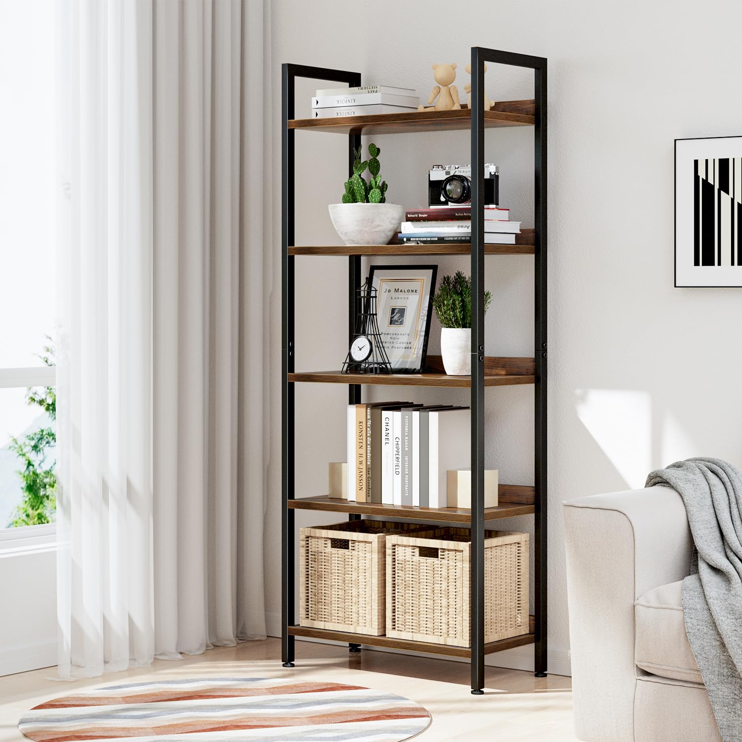 NUMENN Bookshelf back panel detail with wooden baffle for tidy storage.