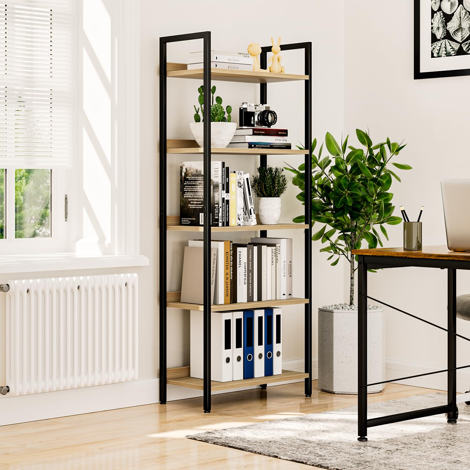 NUMENN bedroom storage solution with five tiers to maximize shelf space.