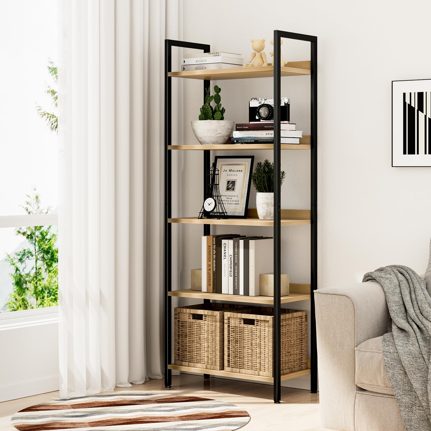 NUMENN sturdy metal-frame bookshelf with wood back panel for durable home organization.