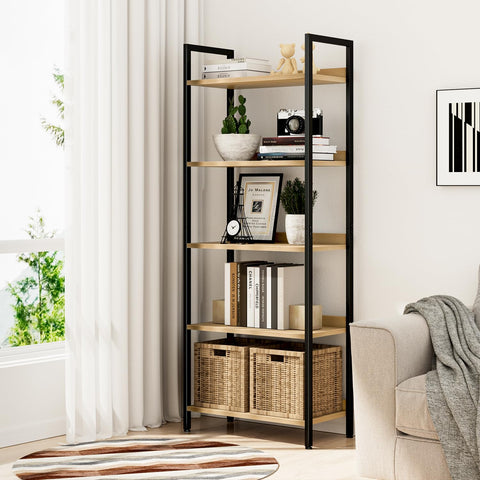 NUMENN sturdy metal-frame bookshelf with wood back panel for durable home organization.