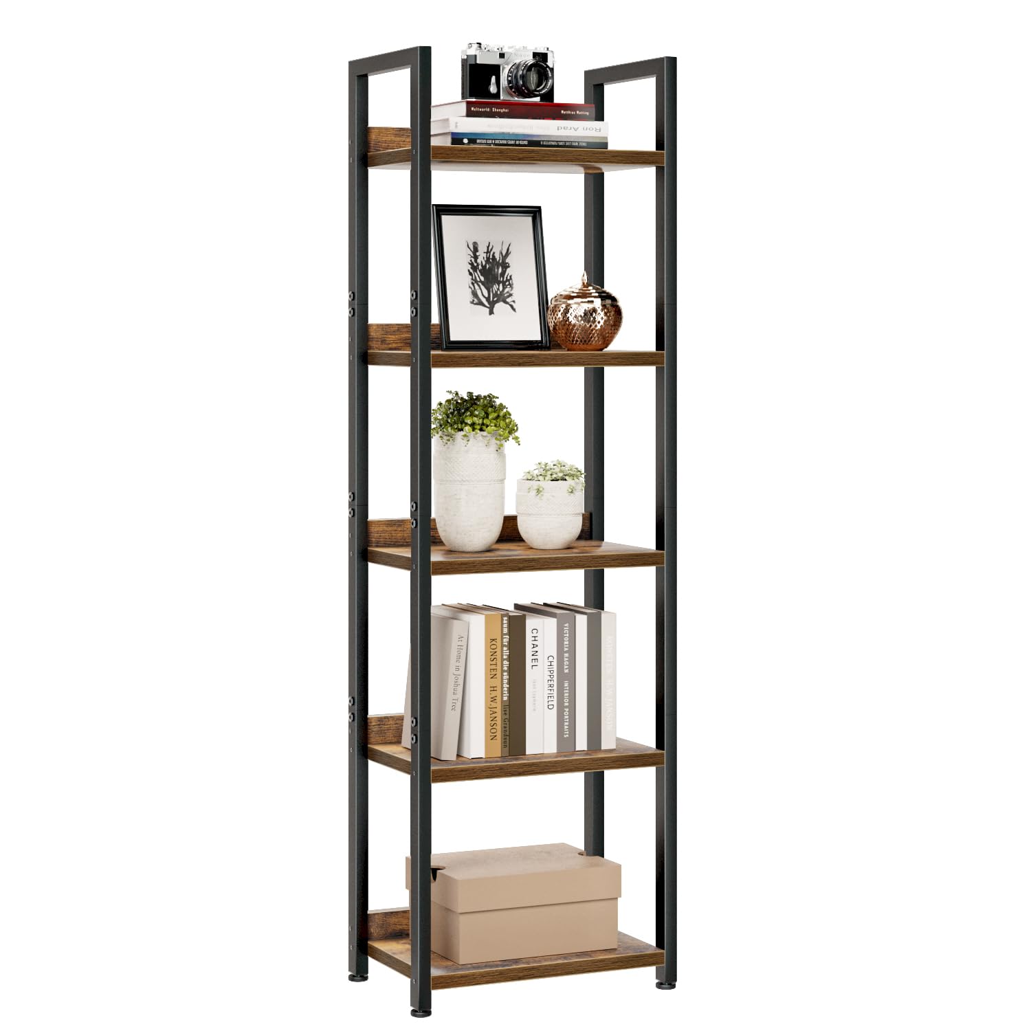 NUMENN Narrow Bookshelf with five open shelves for easy access to books and decor.
