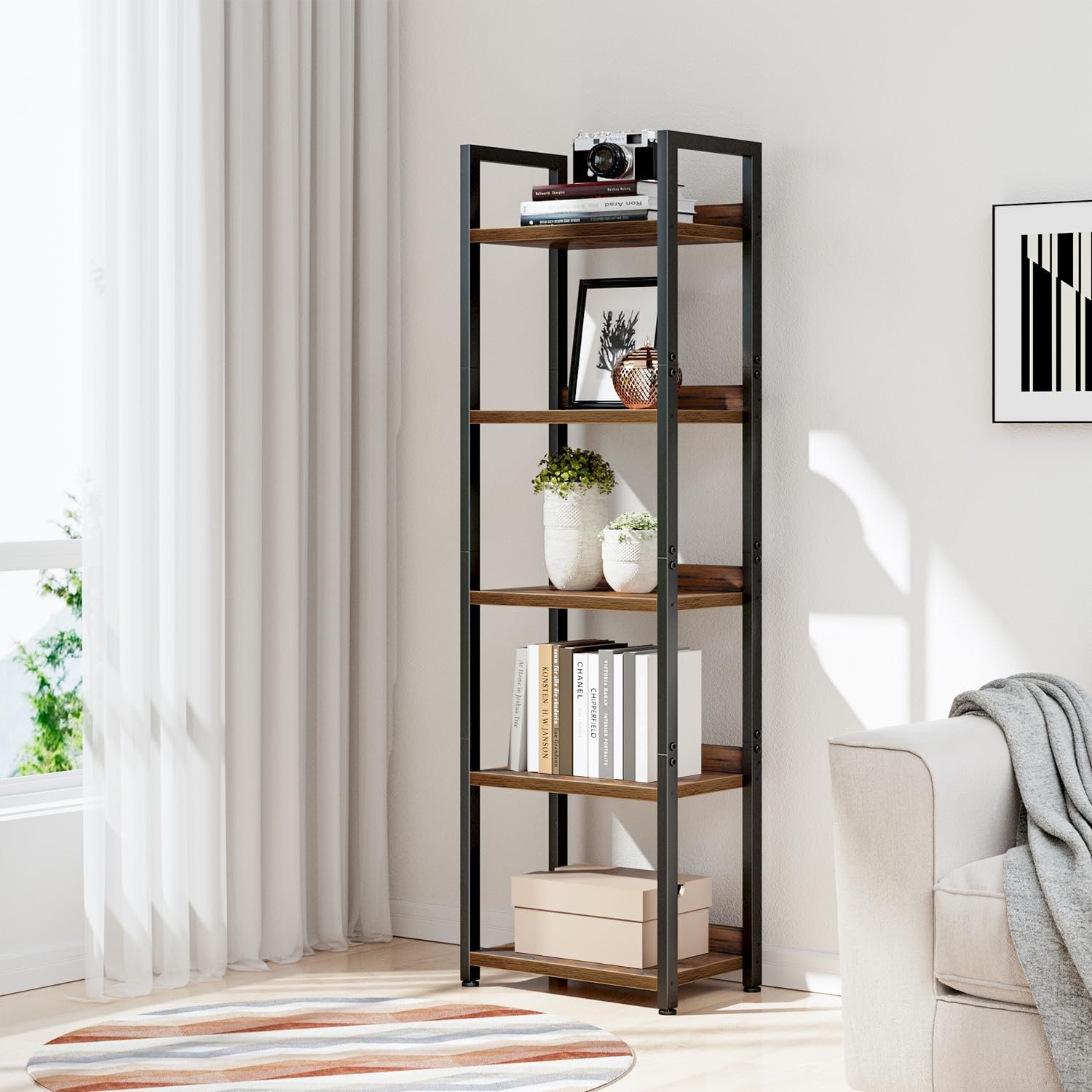 NUMENN Narrow Bookshelf wooden back panel helps keep small items from slipping.