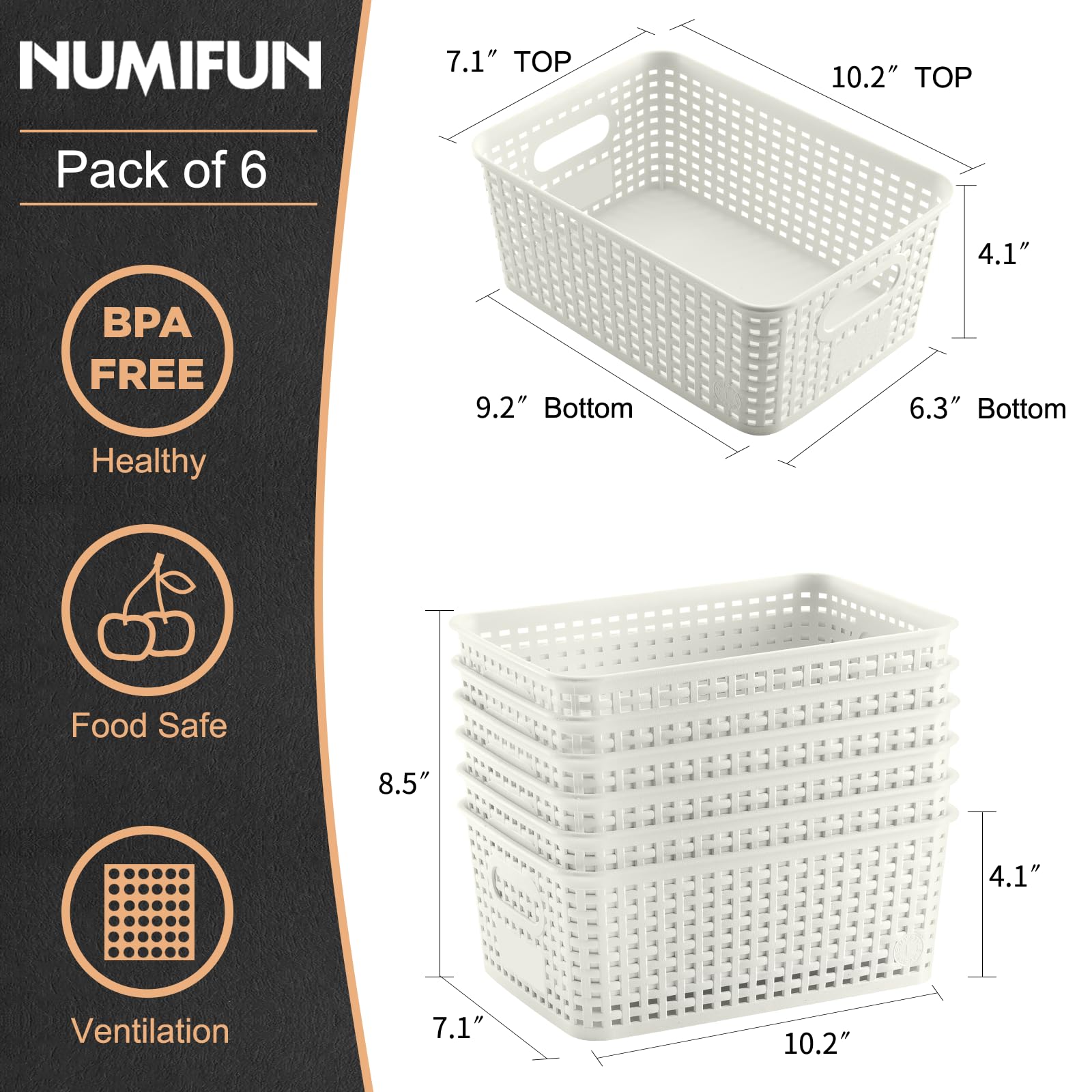 NUMIFUN Plastic Baskets close-up reveals durable weave for daily organization.