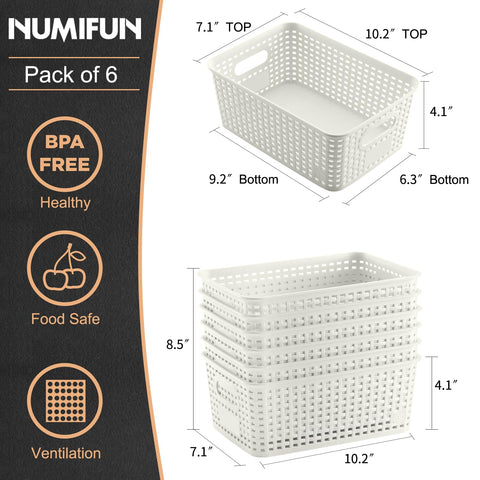 NUMIFUN Plastic Baskets close-up reveals durable weave for daily organization.