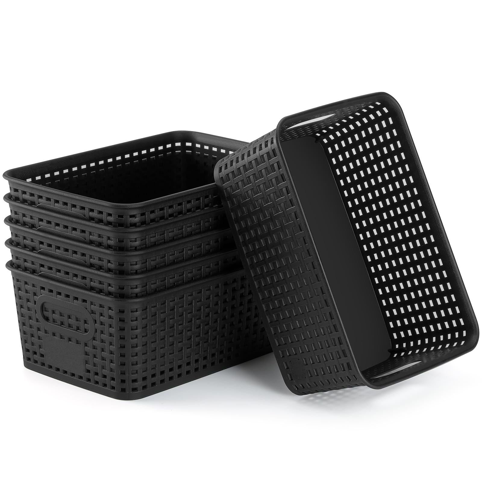 NUMIFUN plastic storage basket 6-pack on shelf keeps items neatly organized and easy to reach.