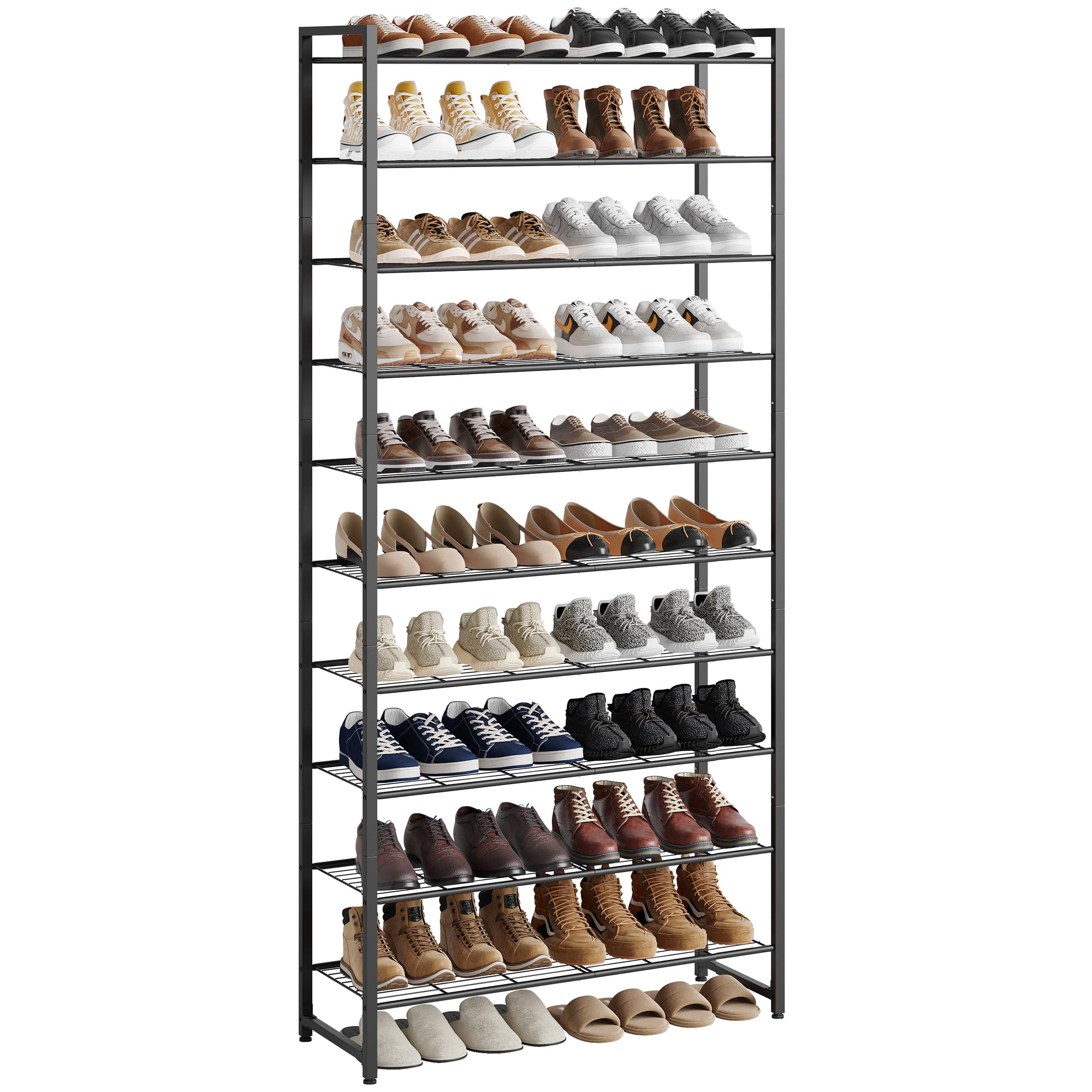 Nunsino 10-tier shoe rack in side view highlighting large capacity for up to 50 pairs.