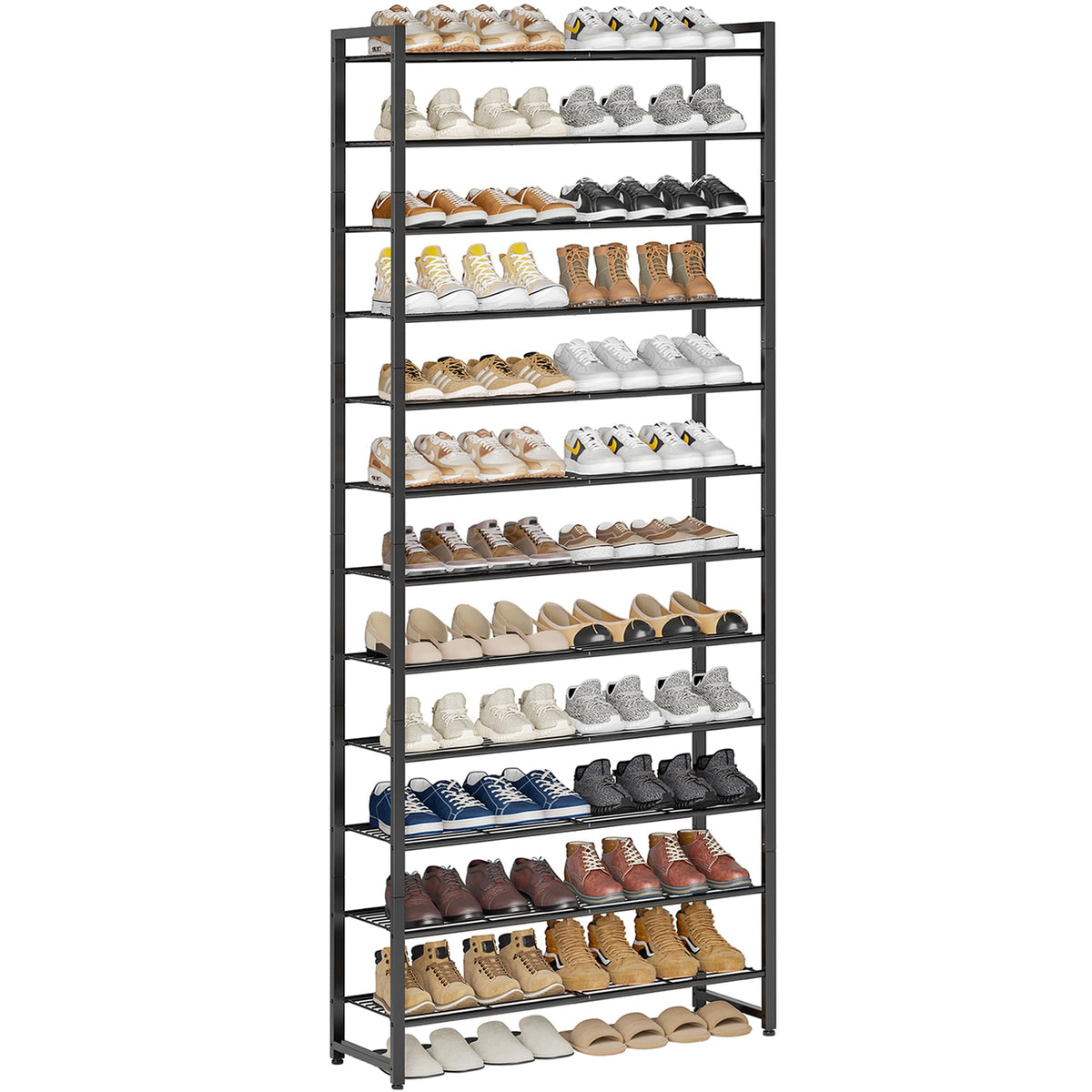 Nunsino 12-tier shoe rack organizes closet space for quick, easy shoe access.