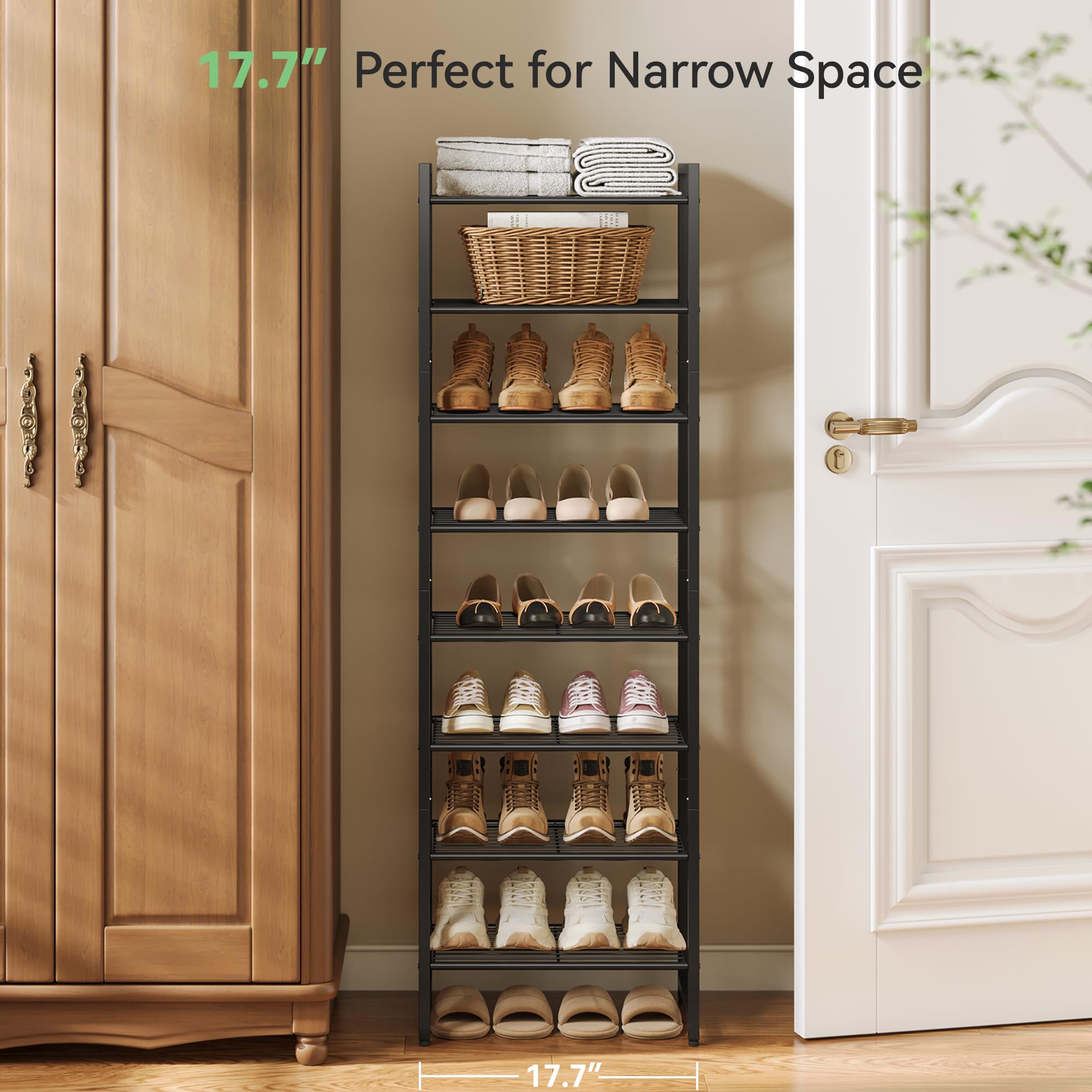 Nunsino adjustable bottom shelf accommodates boots and tall shoes.
