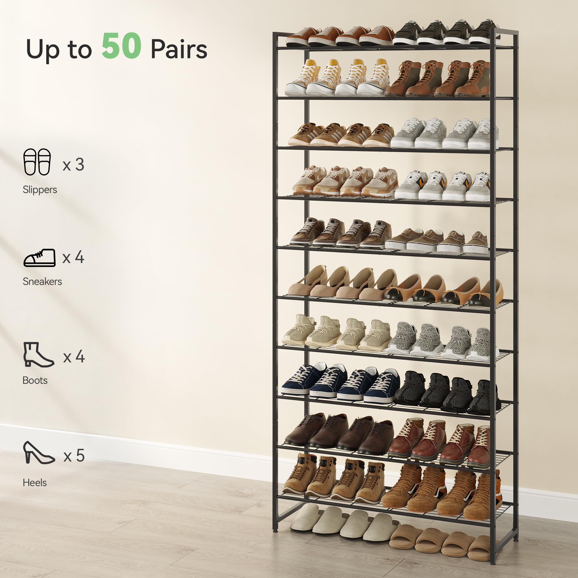 Nunsino adjustable bottom tier demonstrates flexible space for ankle boots without removing shelves.