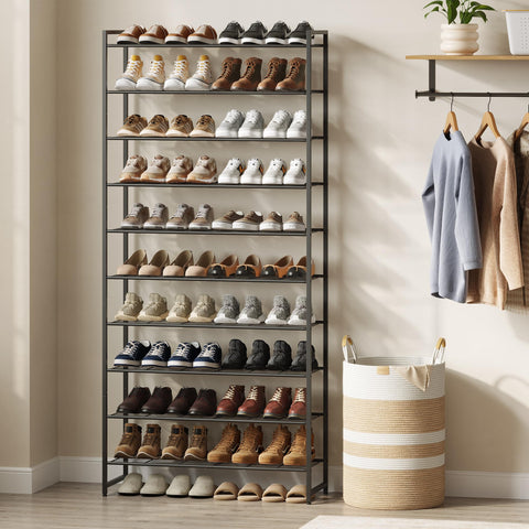 Nunsino metal shoe rack closeup emphasizing sturdy frame and reinforced eight-wire shelves.