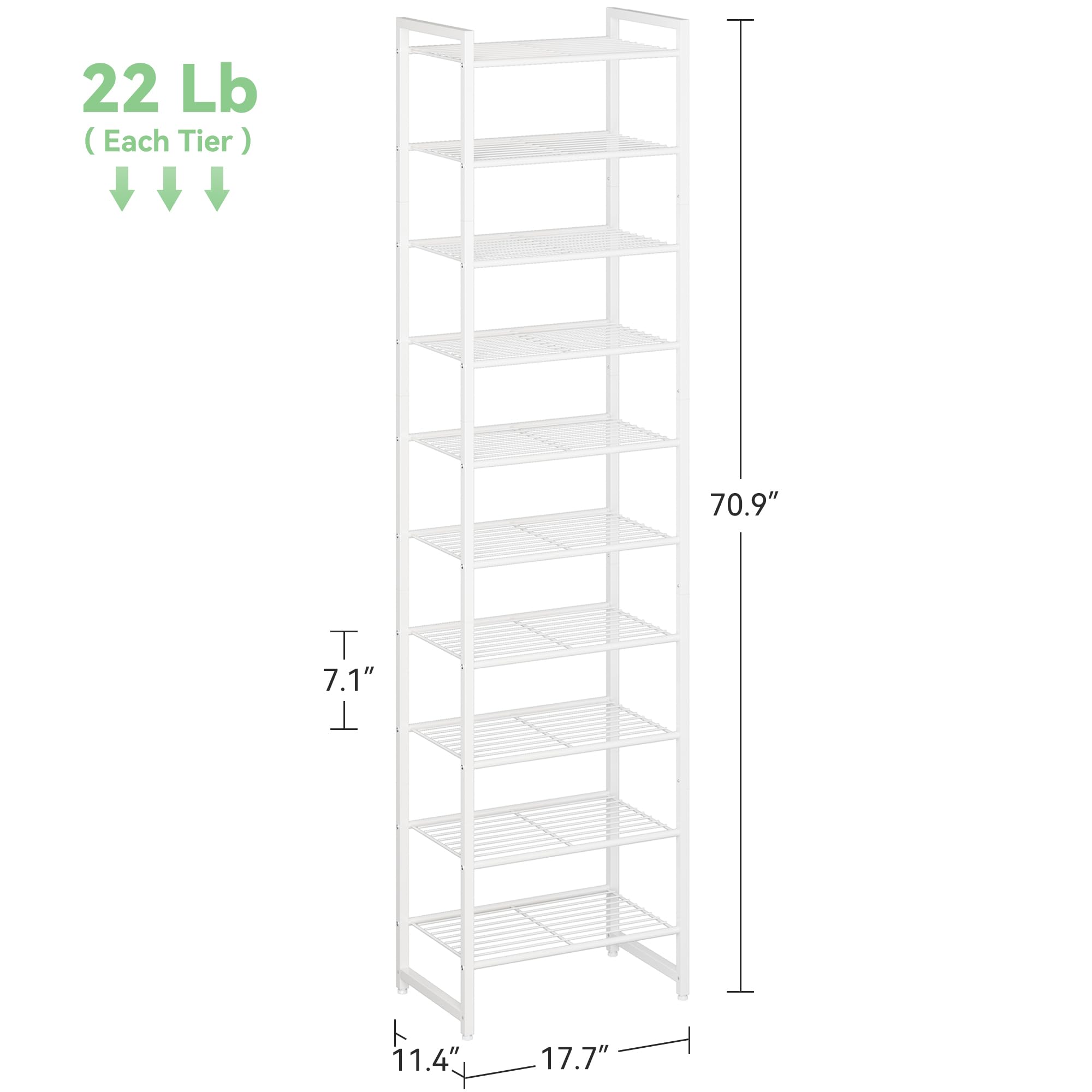 Nunsino 10-tier metal shelves with 8-wire support for strong storage