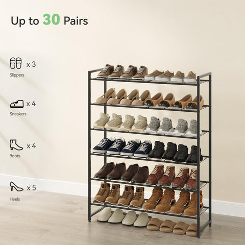 Eight reinforced wire shelves provide sturdy support for shoes