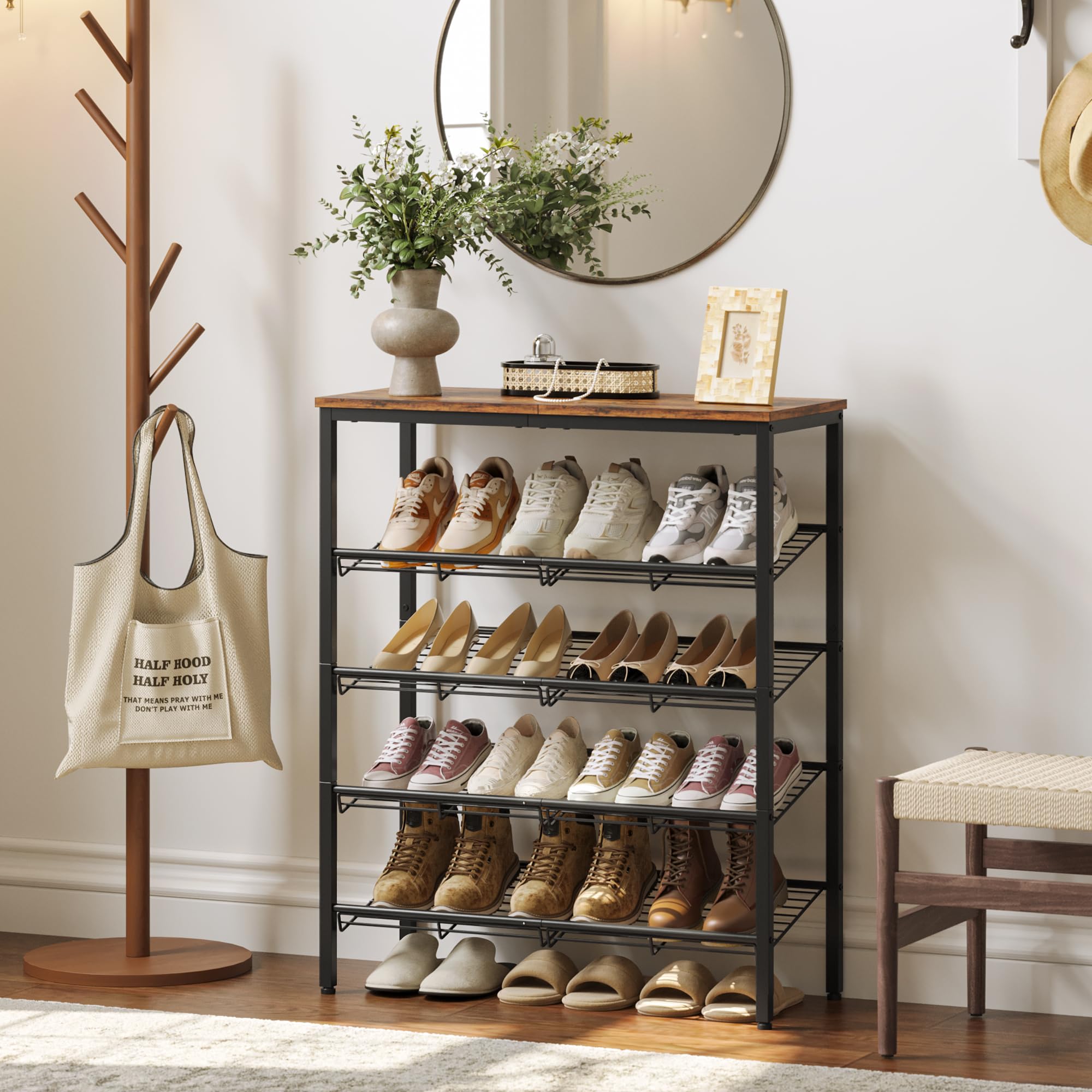 Adjustable shelves tailor storage for sneakers, boots, and heels.