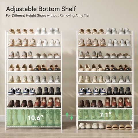 Nunsino shoe rack bottom adjustable shelf enabling tall shoes without removing tiers.