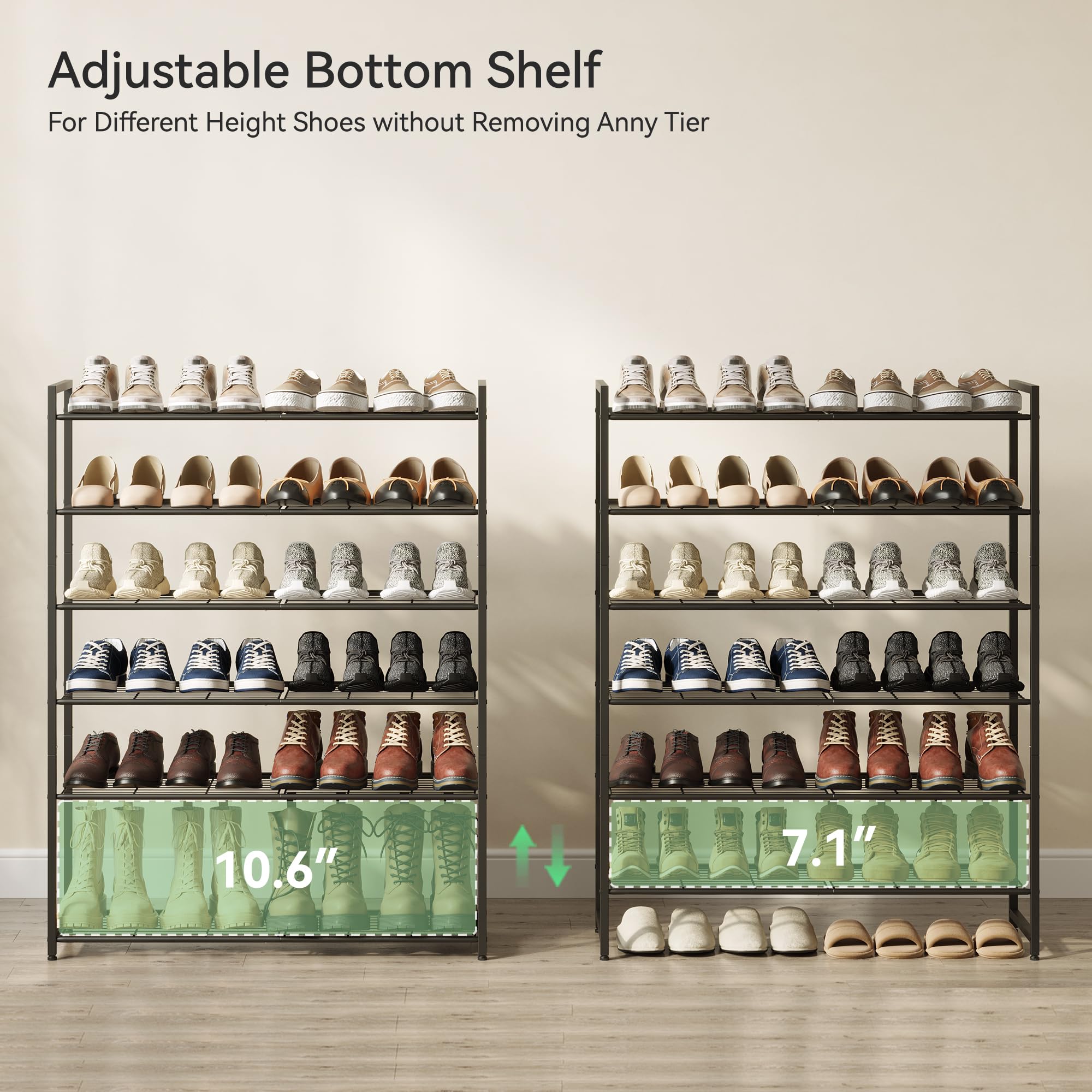 Bottom tier adjustable to fit boots without removing shelves