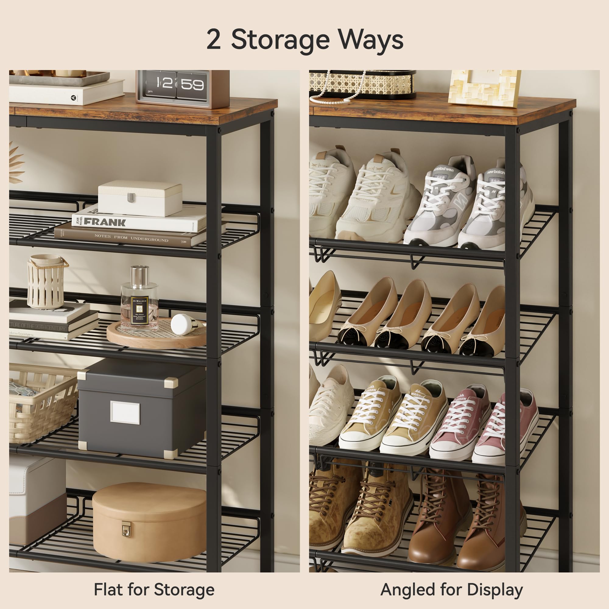 Sturdy Nunsino rack supports sneakers, heels, and boots daily.