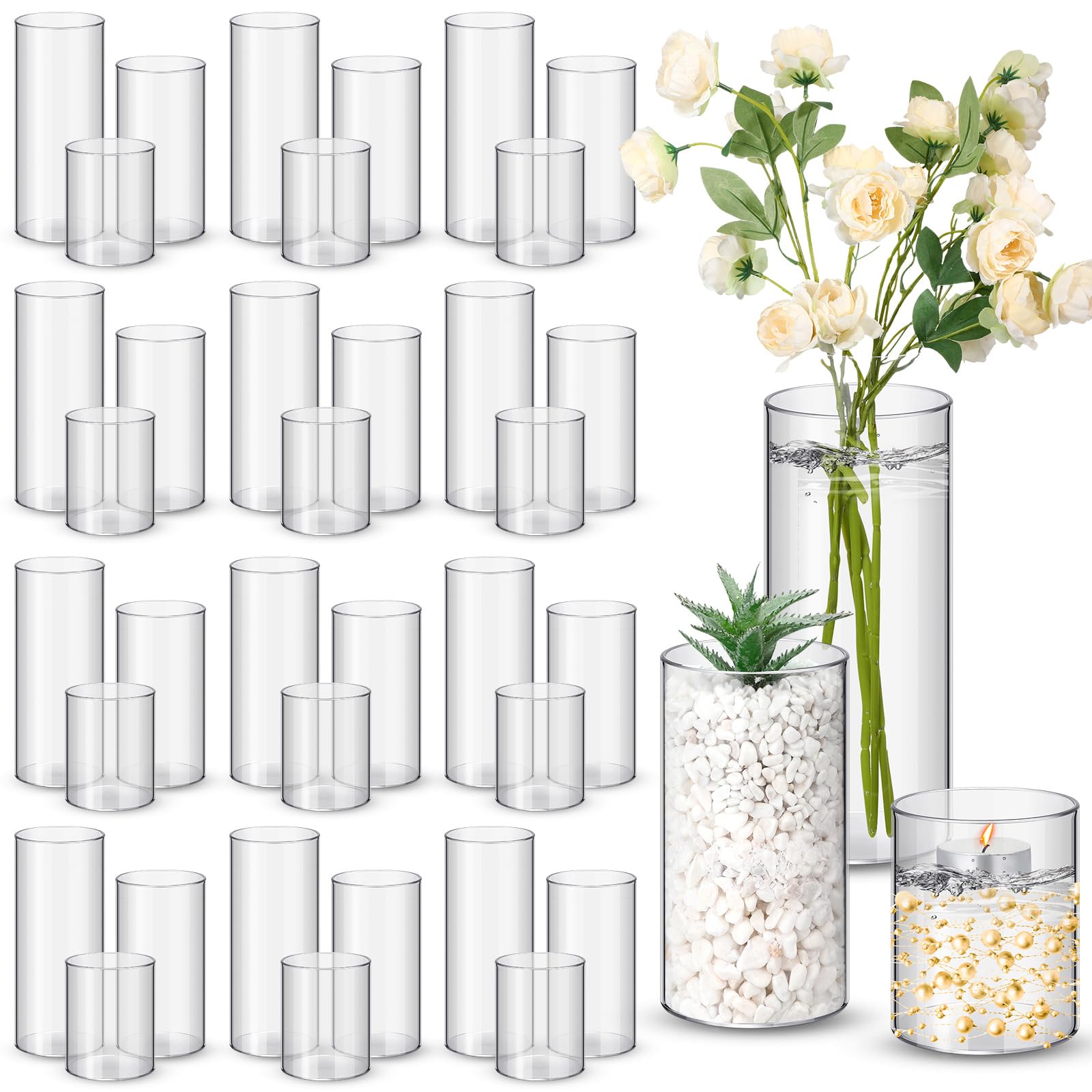 Nuogo 36-pcs clear cylinder vases for elegant centerpieces and easy assembly.