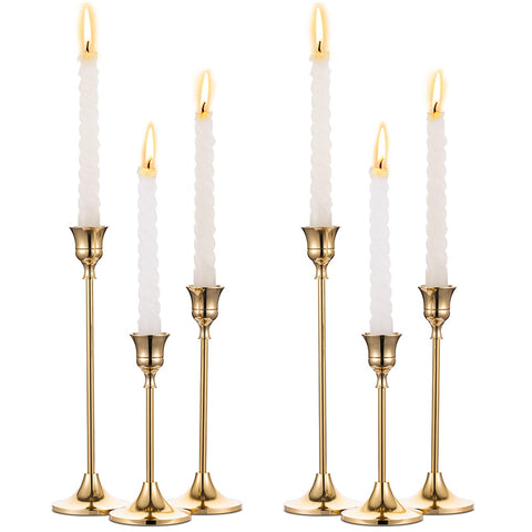 NUPTIO brass gold taper candle holders, 15 cm height, ideal for intimate dinners.