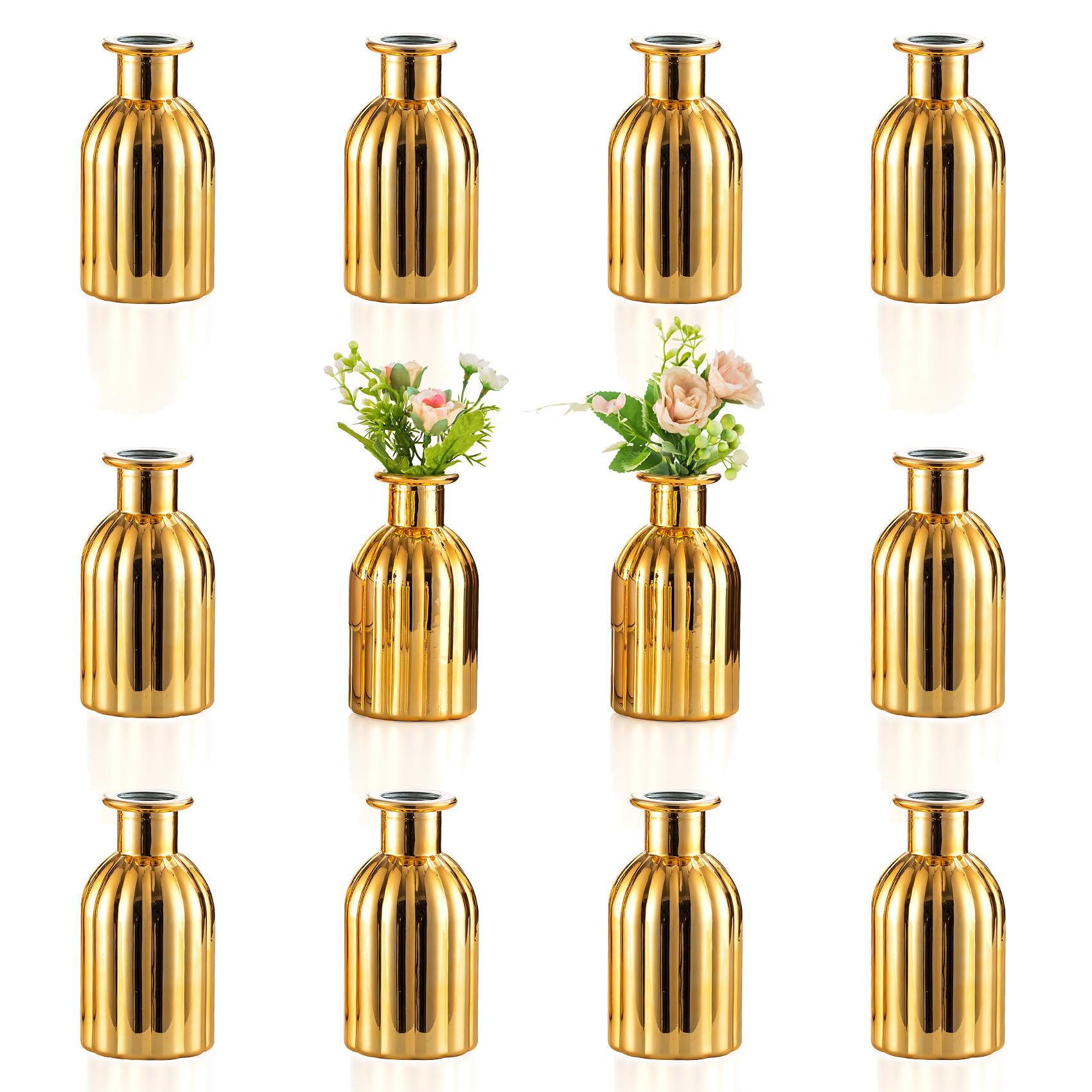 NUPTIO Bud Vases Small Gold 12-pc bulk set, ideal for cohesive wedding centerpieces.