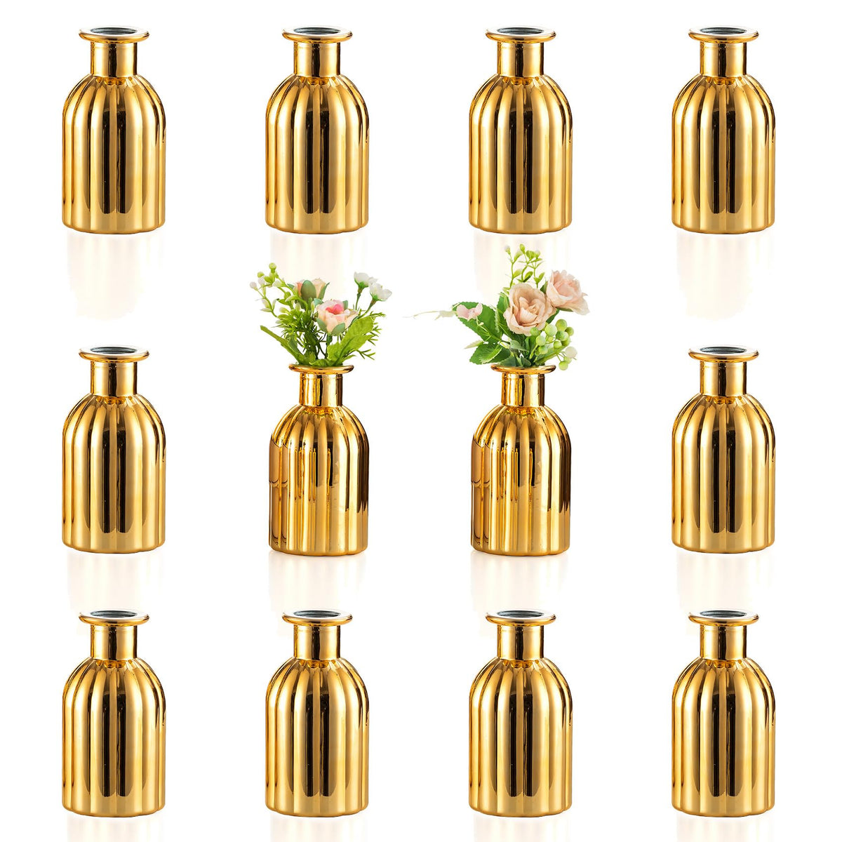 NUPTIO Bud Vases Small Gold 12-pc bulk set, ideal for cohesive wedding centerpieces.