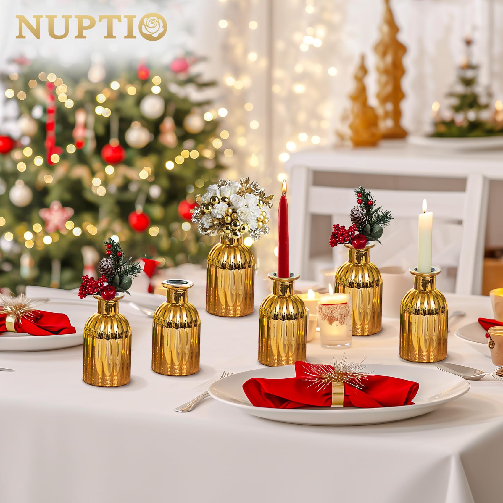 NUPTIO Bud Vases Small Gold used for single-flower displays or mini bouquets.