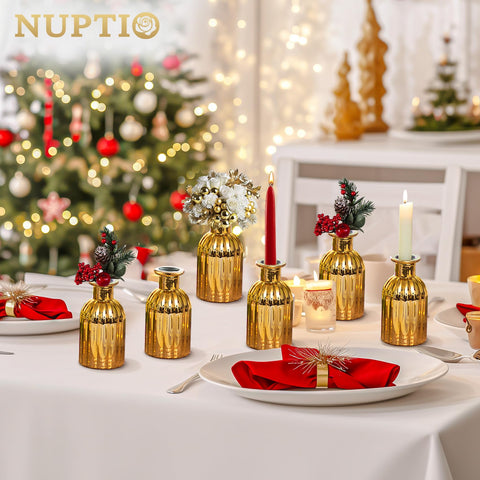 NUPTIO Bud Vases Small Gold used for single-flower displays or mini bouquets.