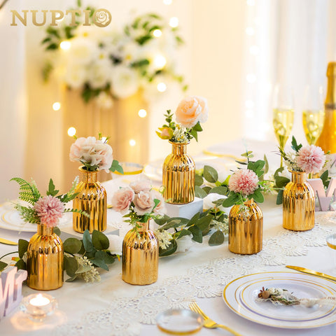 NUPTIO Bud Vases Small Gold with thick glass base ensures stability on busy tables.