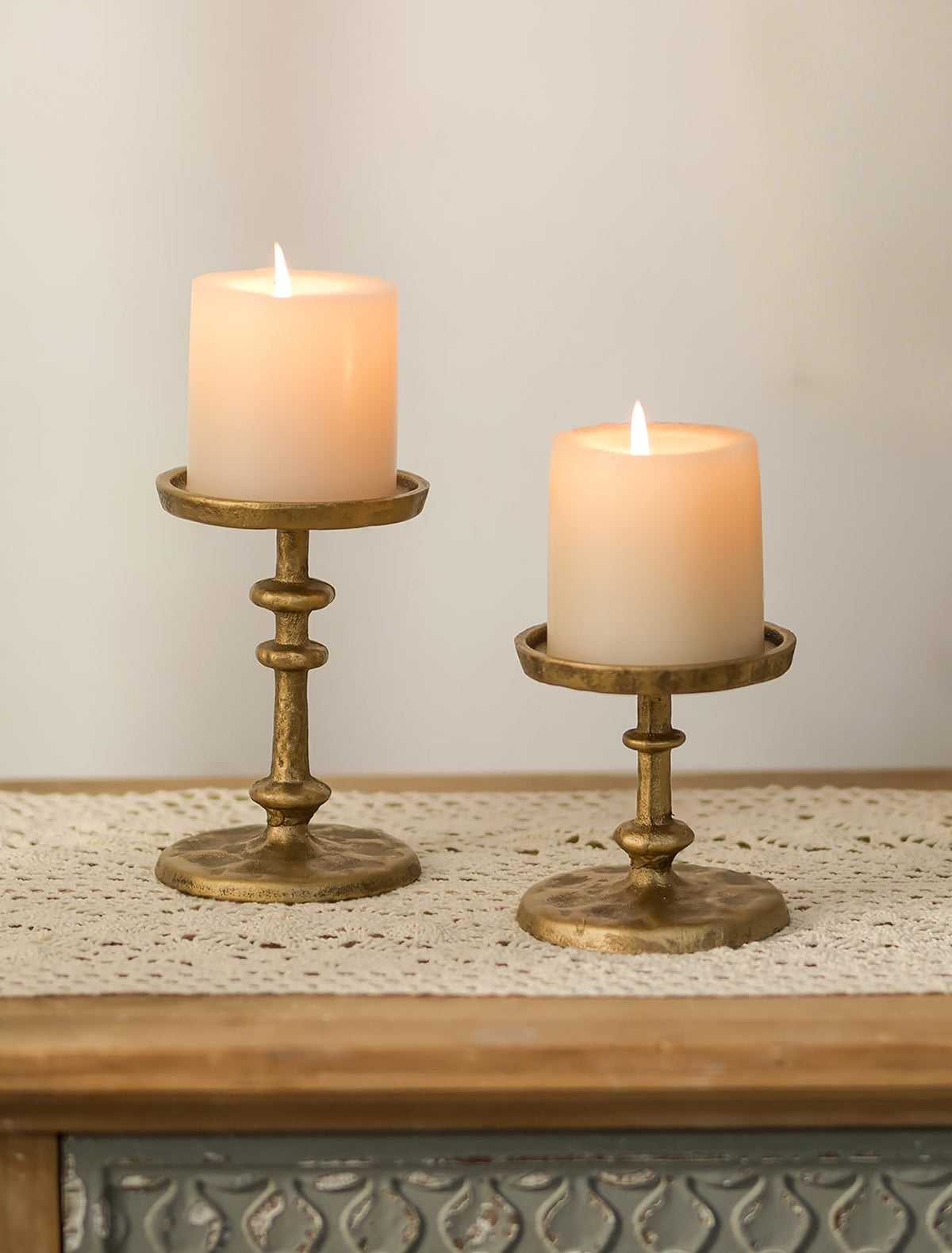 NUPTIO gold candle holder pillar 3-inch antique brass enhances table centerpiece stability.
