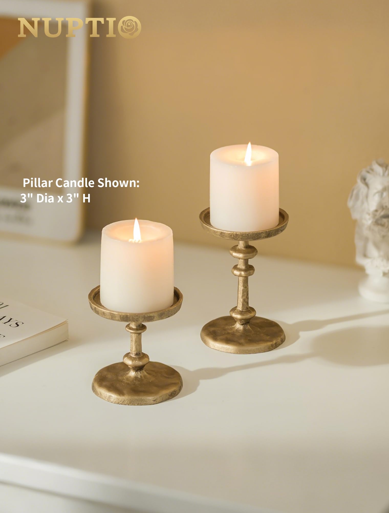 NUPTIO small 3-inch pillar candle holder adds versatile height to decor.