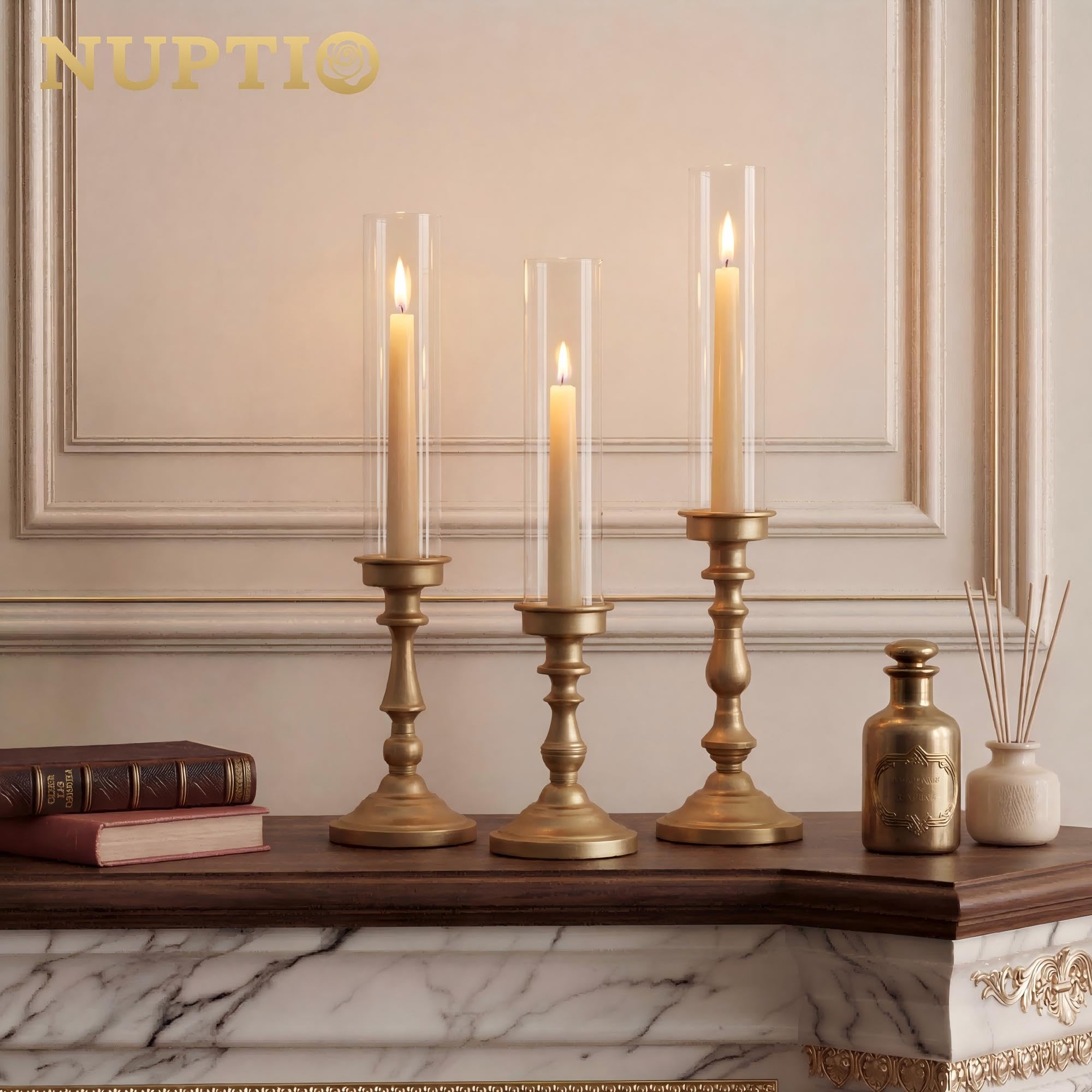 NUPTIO candlestick holders with removable glass hurricane for versatile styling.